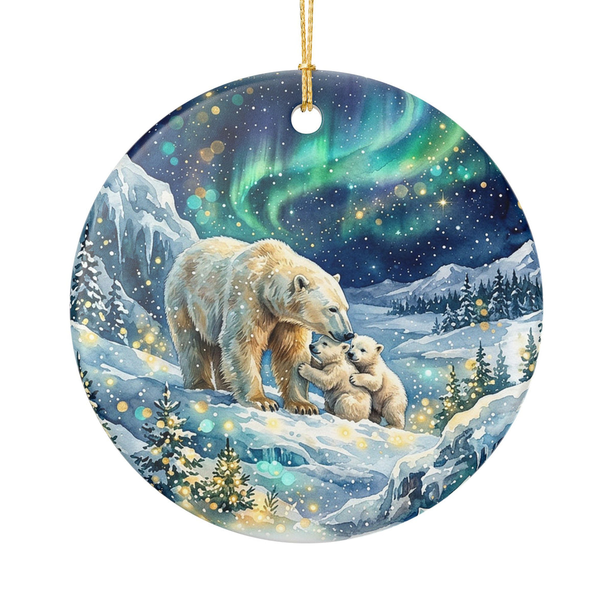Polar Bear Family Aurora Borealis Ceramic Ornament