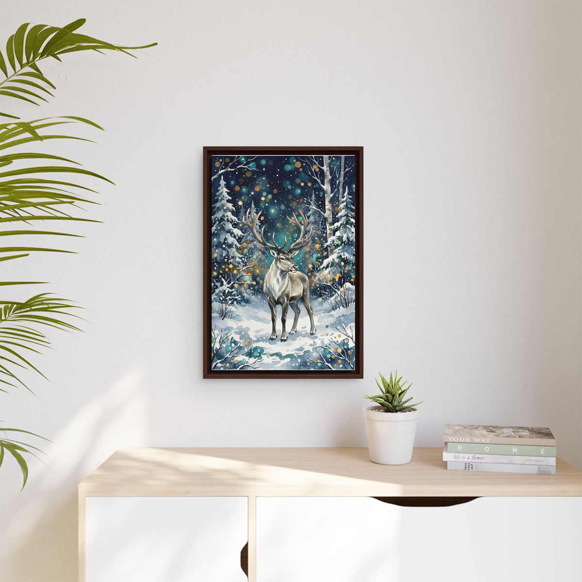 Framed Canvas Winter Reindeer in Snowy Forest
