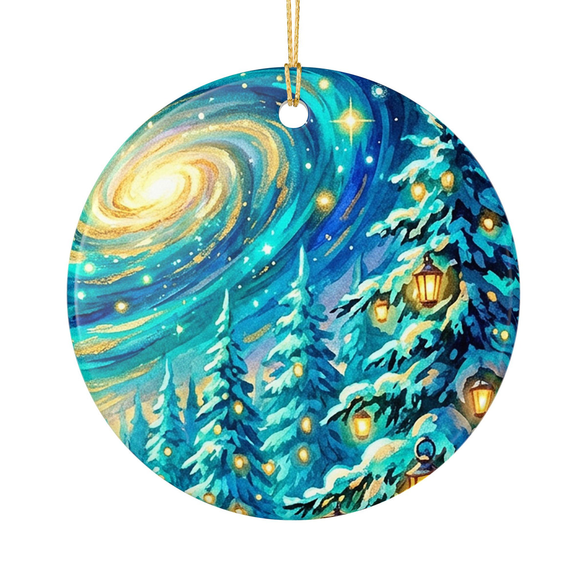 Ceramic Christmas Ornament – Enchanted Winter Forest Galaxy Scene