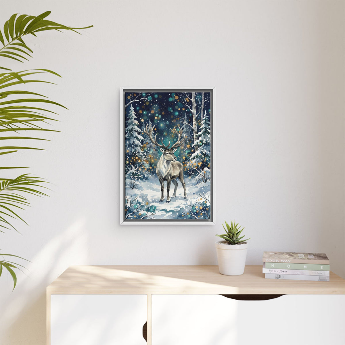 Framed Canvas Winter Reindeer in Snowy Forest