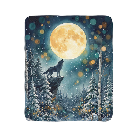 Fleece Sherpa Blanket – Howling Wolf Under Full Moon Winter Forest
