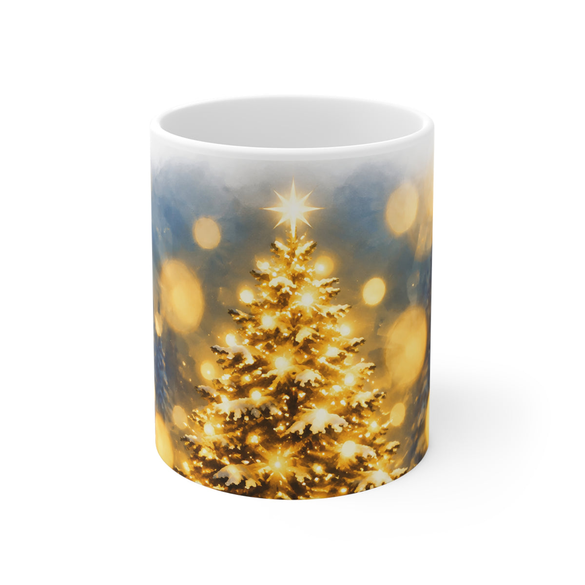 Christmas Tree Mug — Golden Bokeh Holiday Coffee Cup (11 oz)