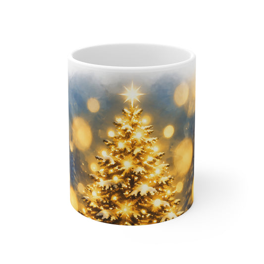 Christmas Tree Mug — Golden Bokeh Holiday Coffee Cup (11 oz)