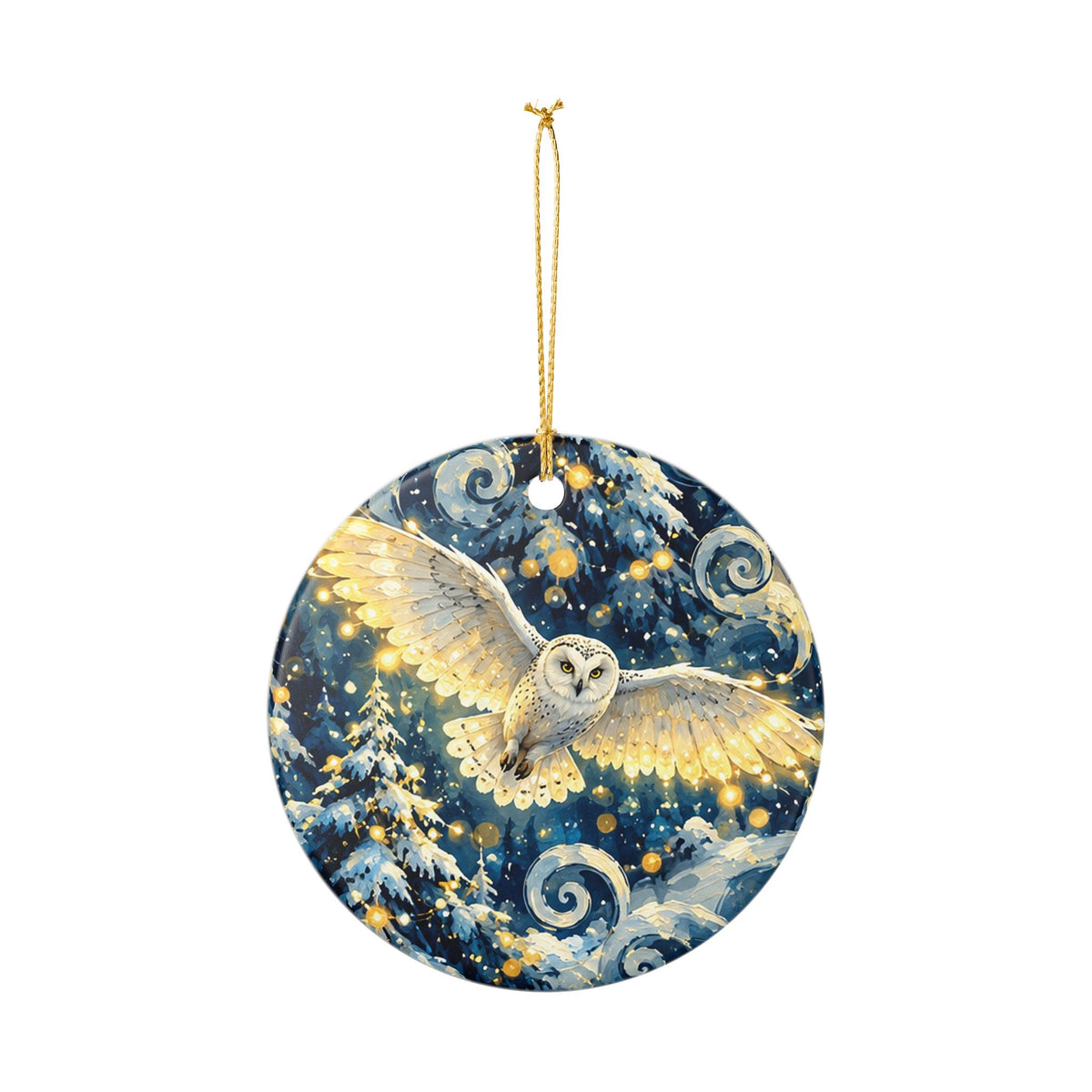 Ceramic Ornament with Flying Owl and Winter Night Forest Design