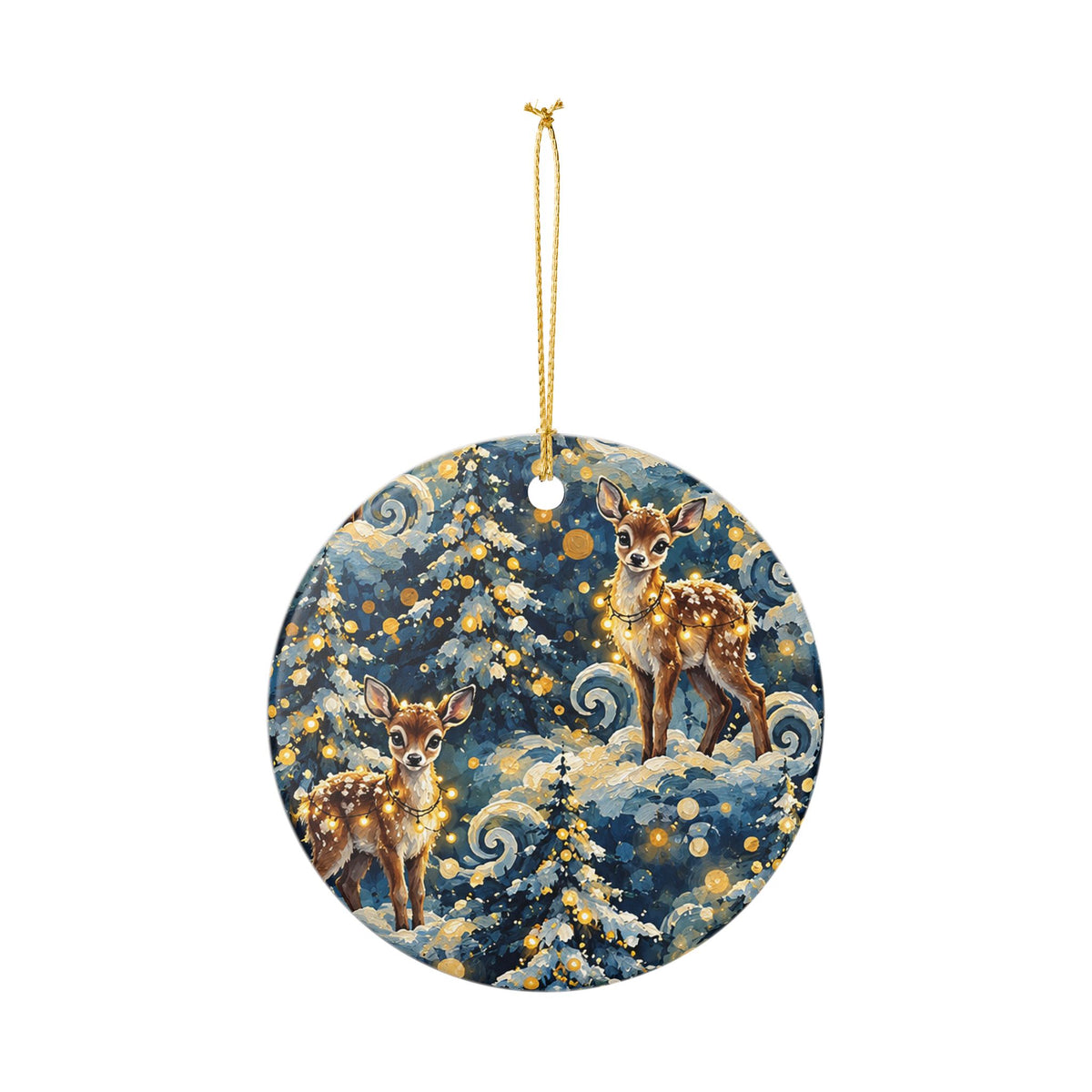 Ceramic Christmas Ornament with Whimsical Deer and Winter Forest Design