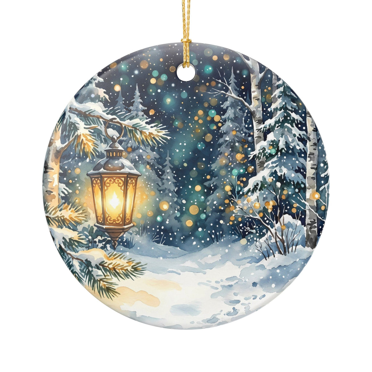 Winter Snowy Forest Lantern Ceramic Ornament