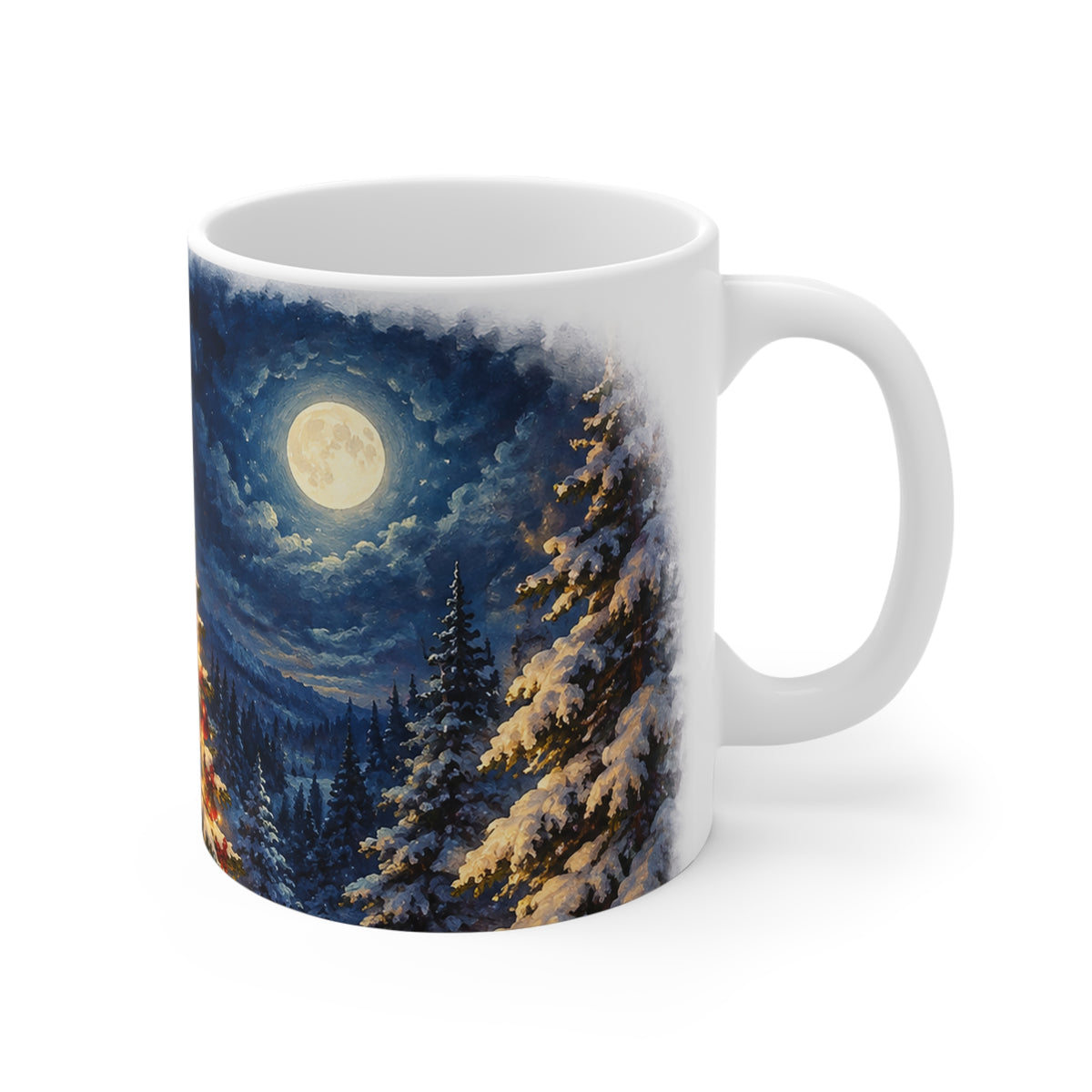 Christmas Tree Mug - Festive 11oz Holiday Coffee Cup with Moonlit Winter Scene