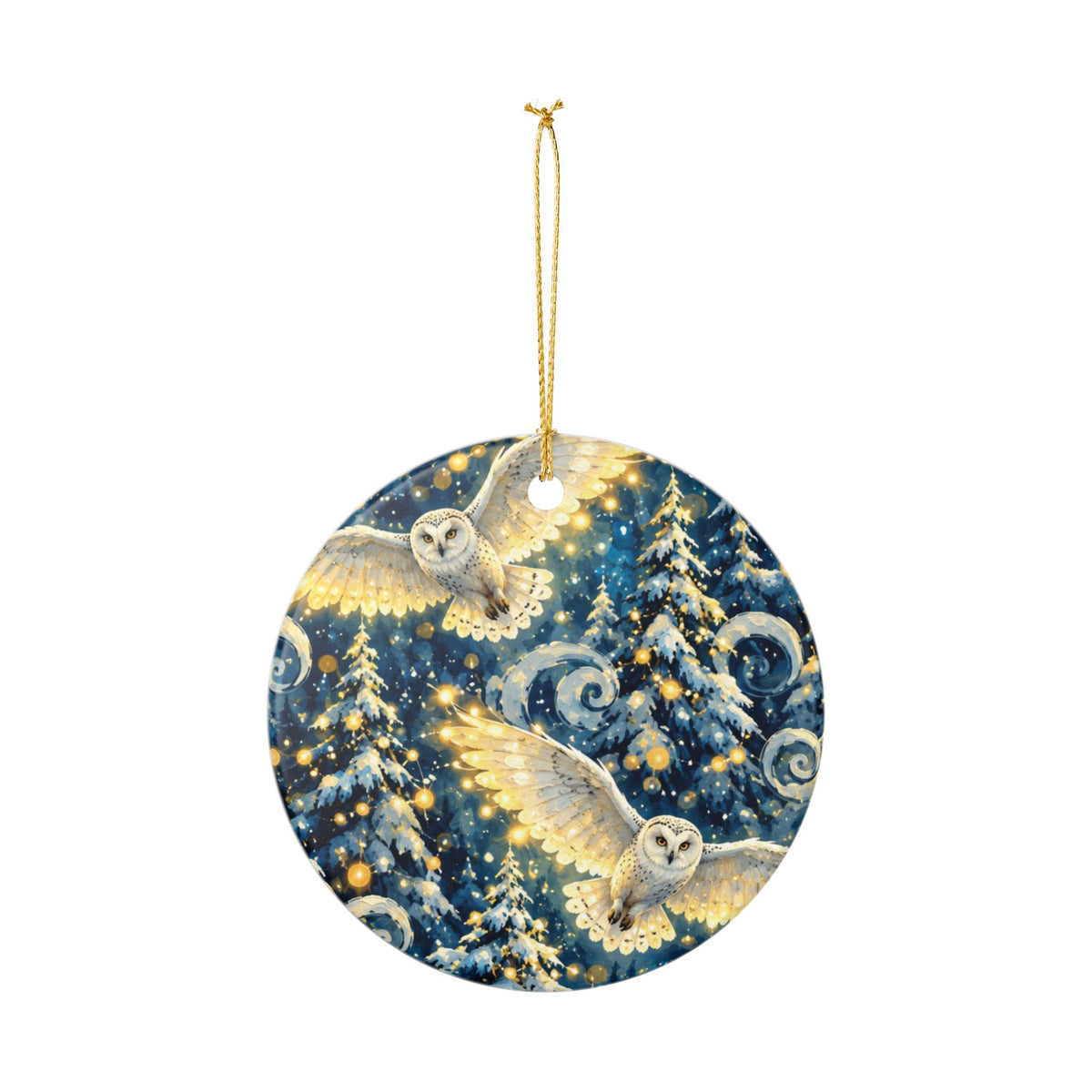 Barn Owl Winter Forest Ceramic Ornament — Round Holiday Tree Decoration