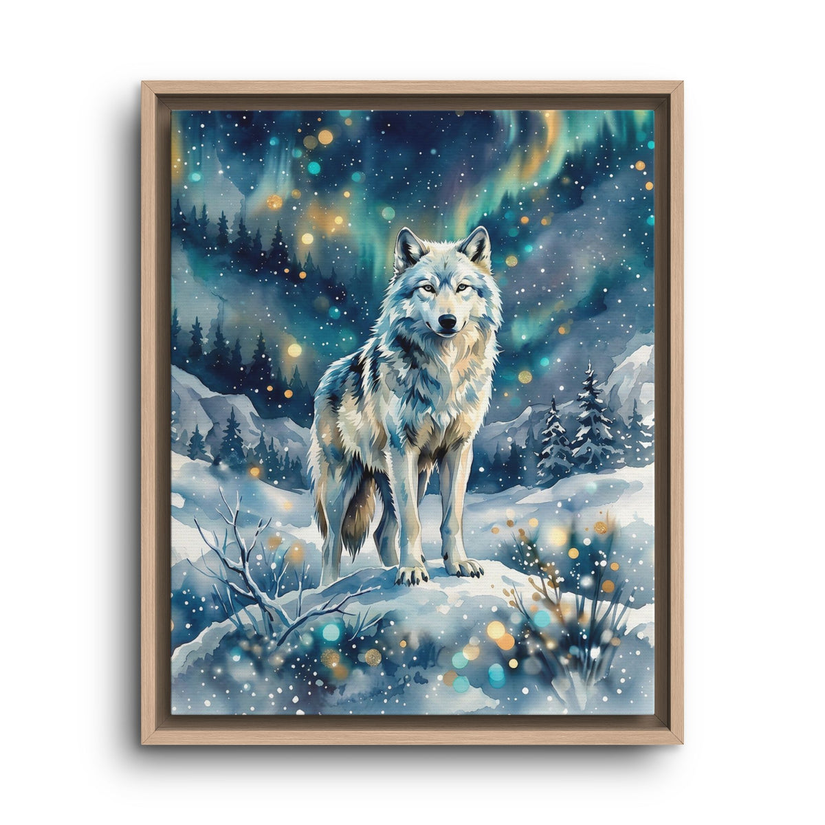 Framed Canvas Wolf Under the Northern Lights