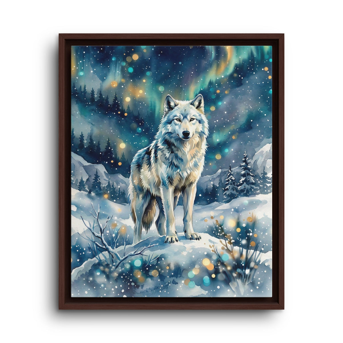 Framed Canvas Wolf Under the Northern Lights
