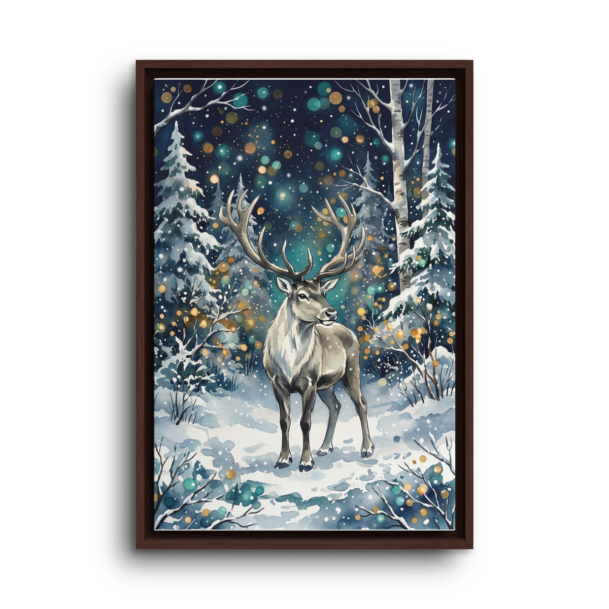 Framed Canvas Winter Reindeer in Snowy Forest