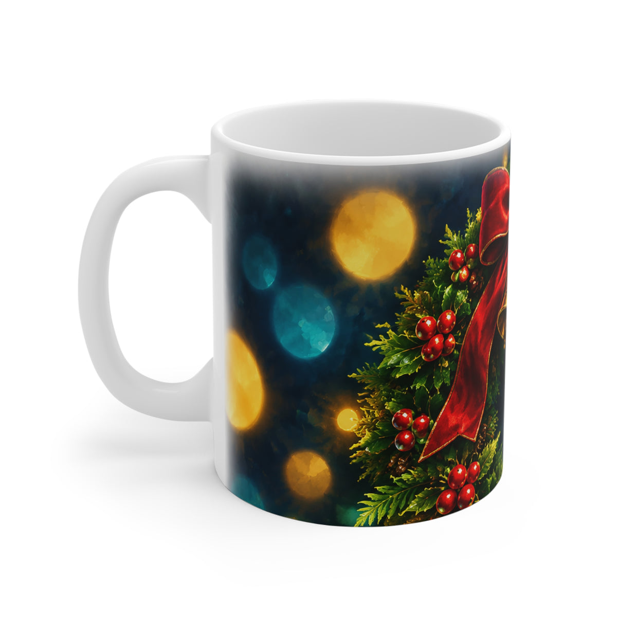 Christmas Wreath Mug 11oz – Festive Holly, Bells & Red Bow Holiday Coffee Cup