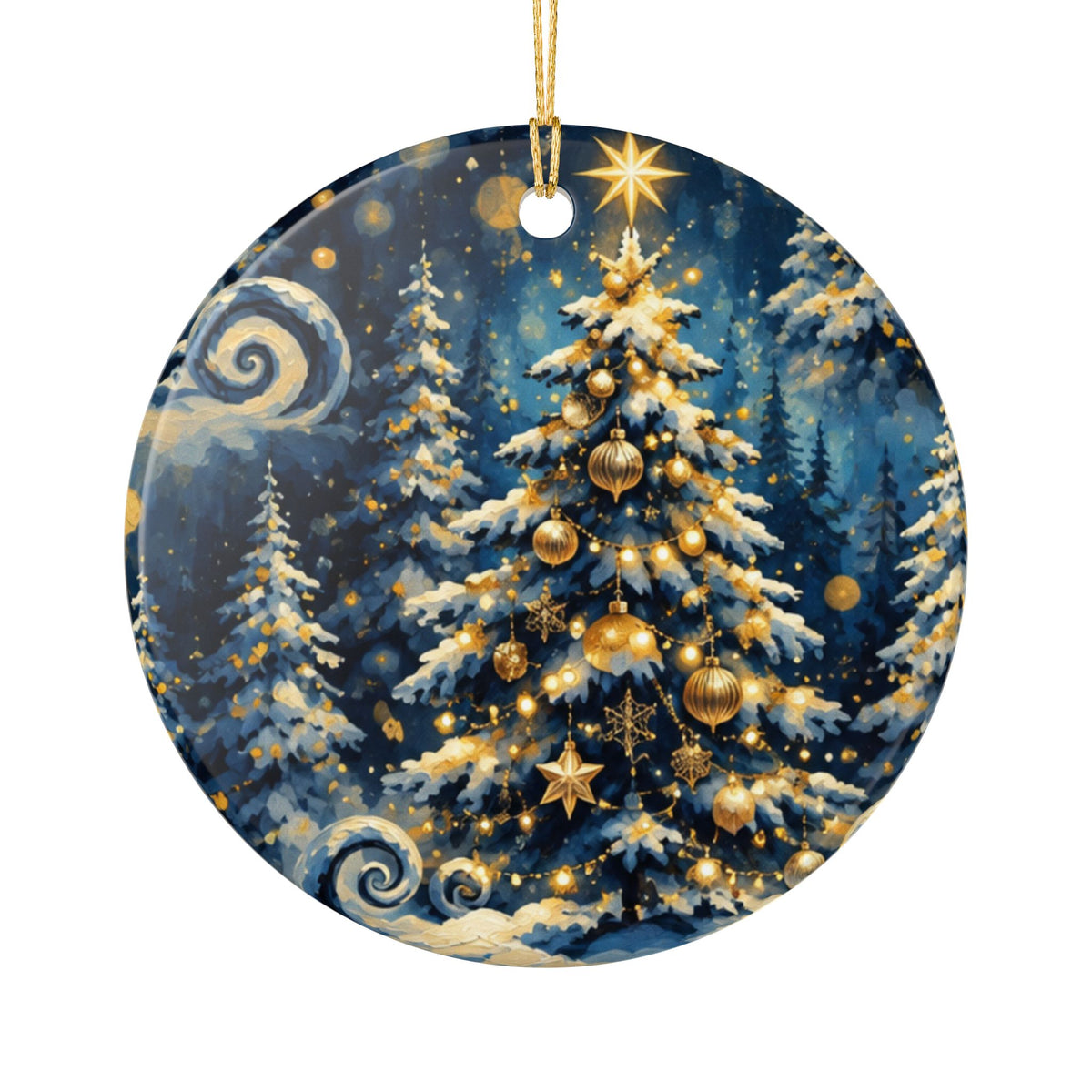 Gold & Blue Winter Christmas Tree Ceramic Ornament