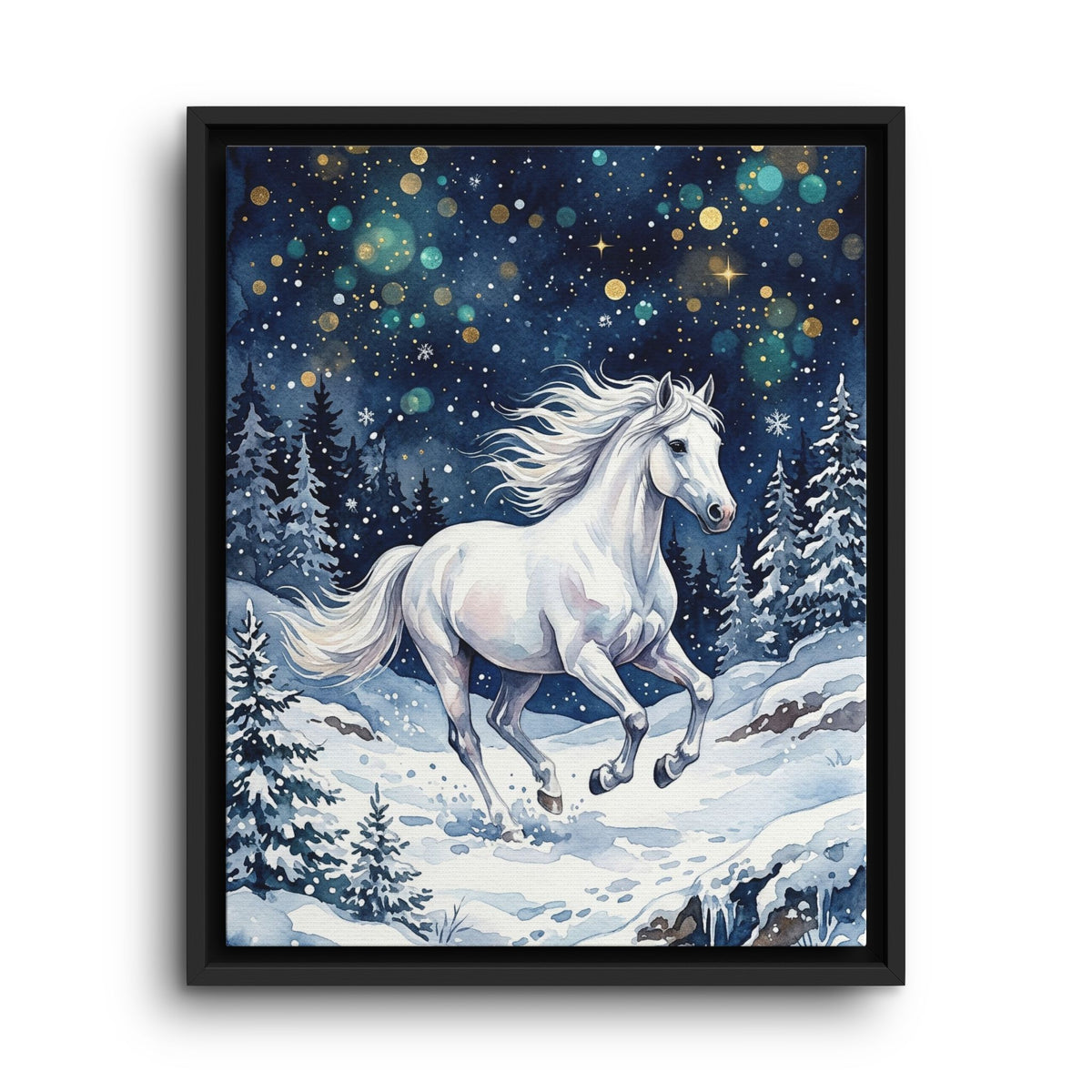 Framed Canvas Winter Unicorn in a Snowy Forest