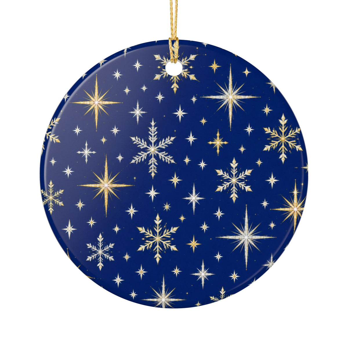 Ceramic Christmas Ornament with Gold Stars and Snowflakes