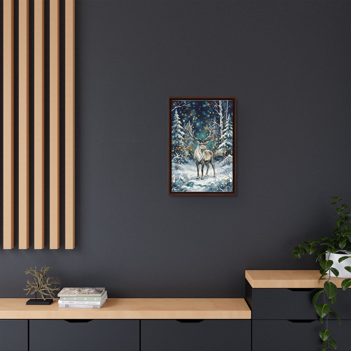 Framed Canvas Winter Reindeer in Snowy Forest