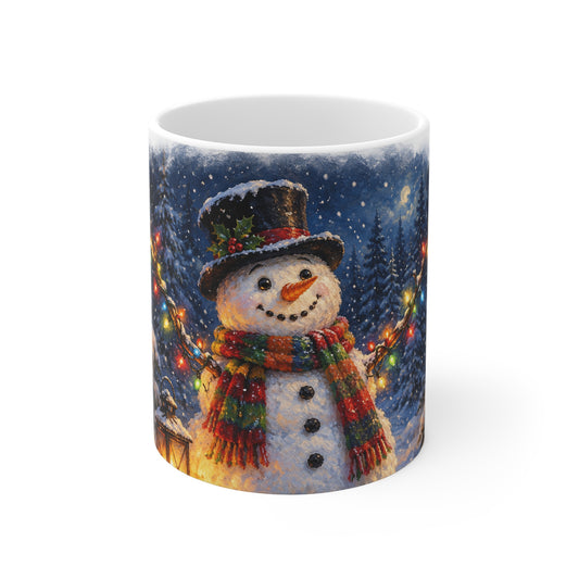 Snowman Christmas Night 11oz Mug — Festive Holiday Coffee Cup with Lights & Lantern