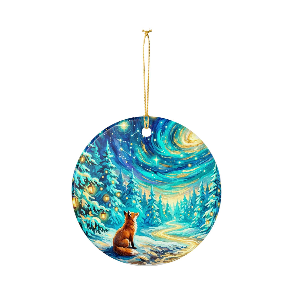 Ceramic Ornament, Mystical Winter Fox Under the Starry Night Sky