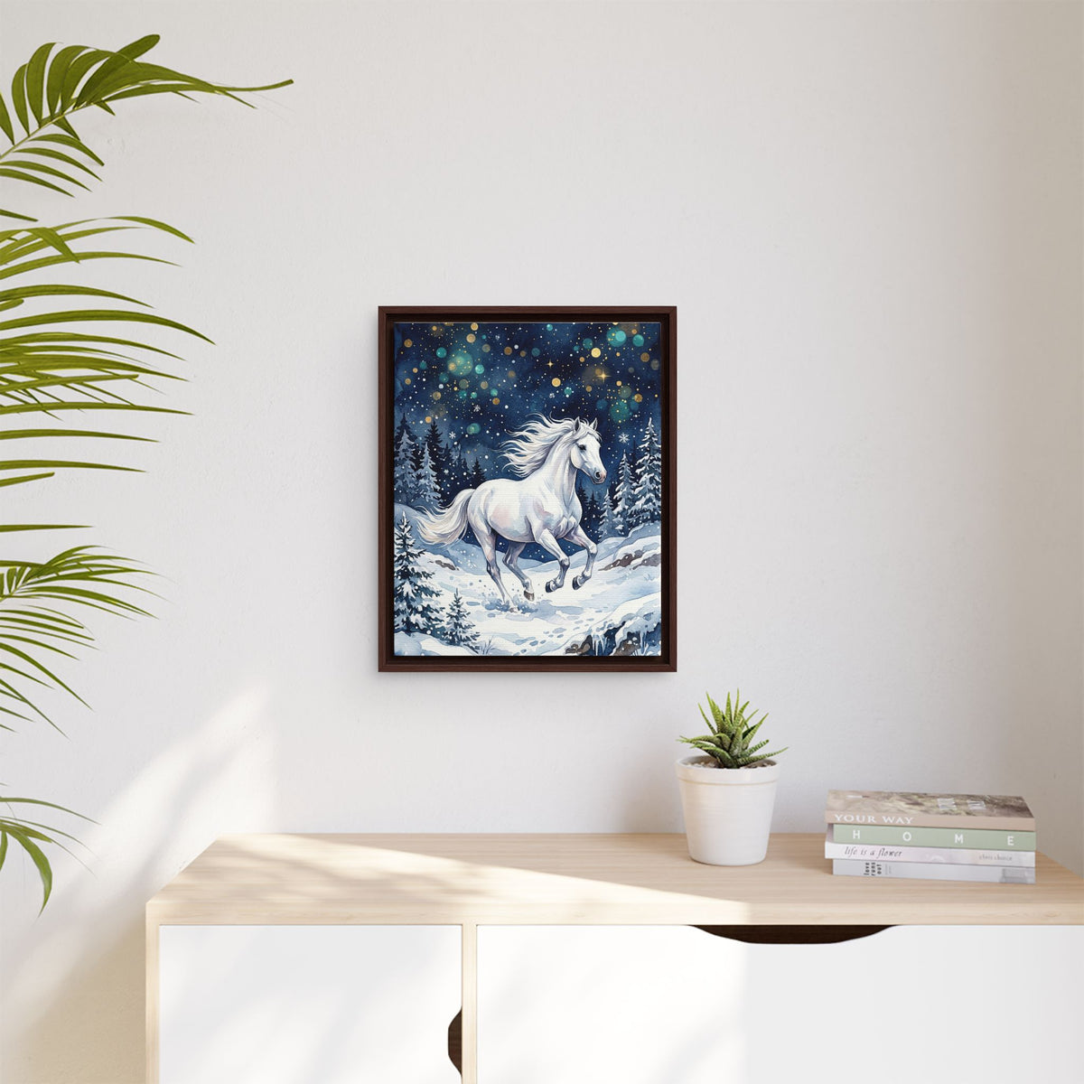 Framed Canvas Winter Unicorn in a Snowy Forest