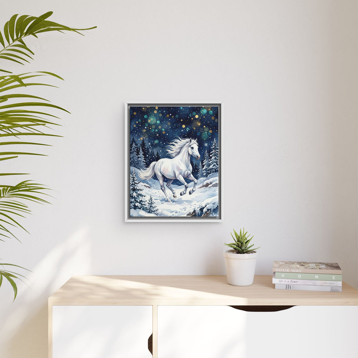 Framed Canvas Winter Unicorn in a Snowy Forest