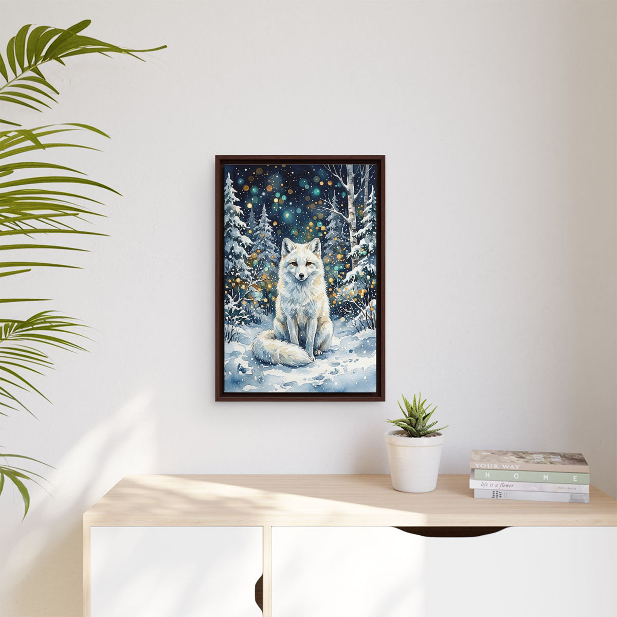 Framed Canvas: Winter White Fox in Snowy Forest