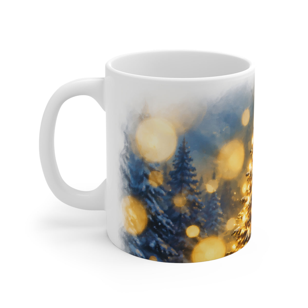 Christmas Tree Mug — Golden Bokeh Holiday Coffee Cup (11 oz)