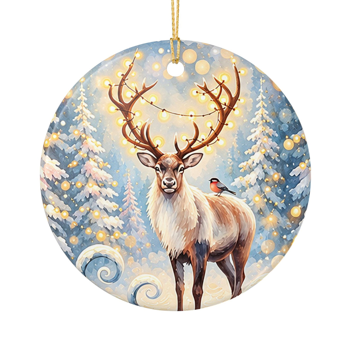 Ceramic Christmas Ornament with Majestic Reindeer and Winter Forest Design