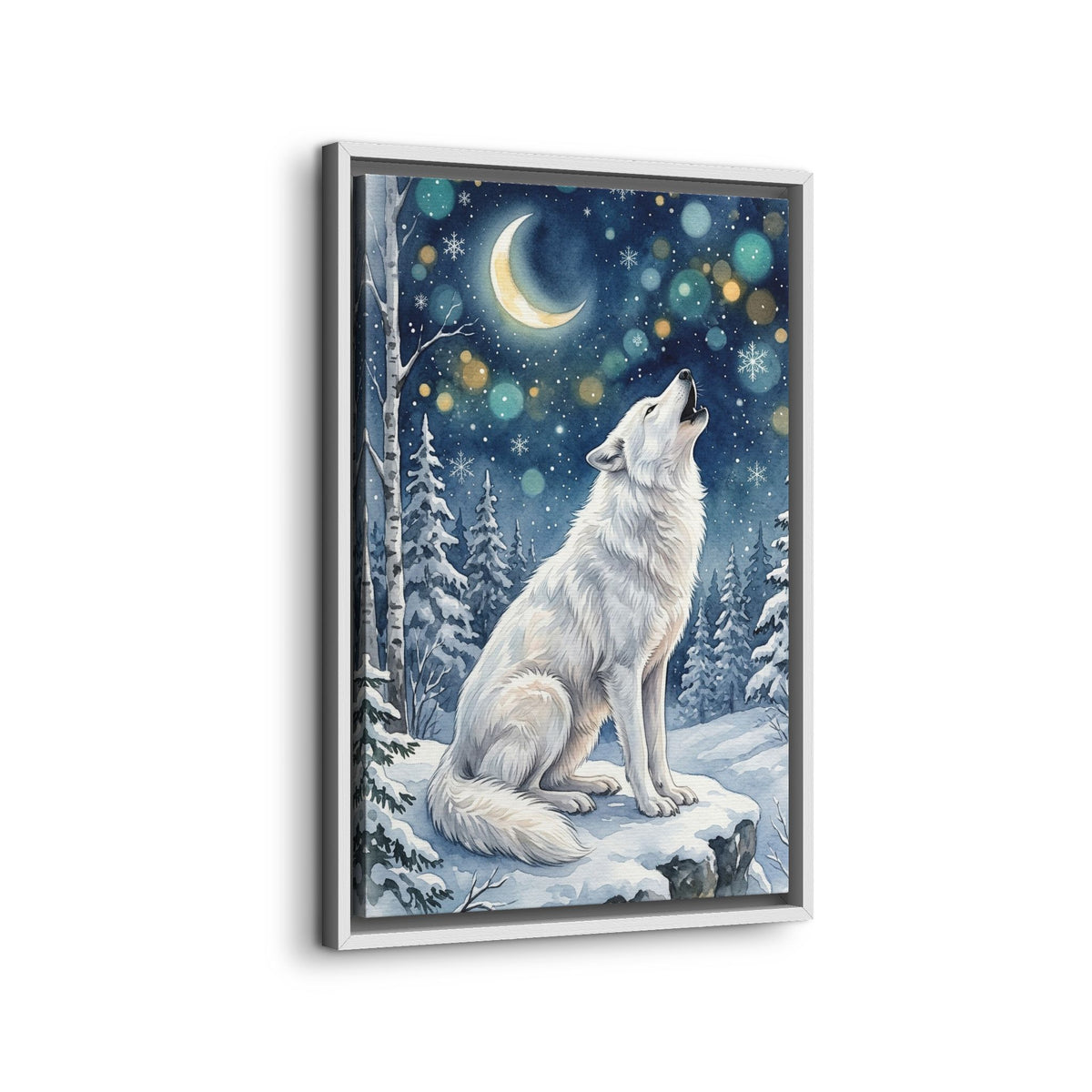 Framed Canvas Wall Art – Howling Wolf Under Moonlight
