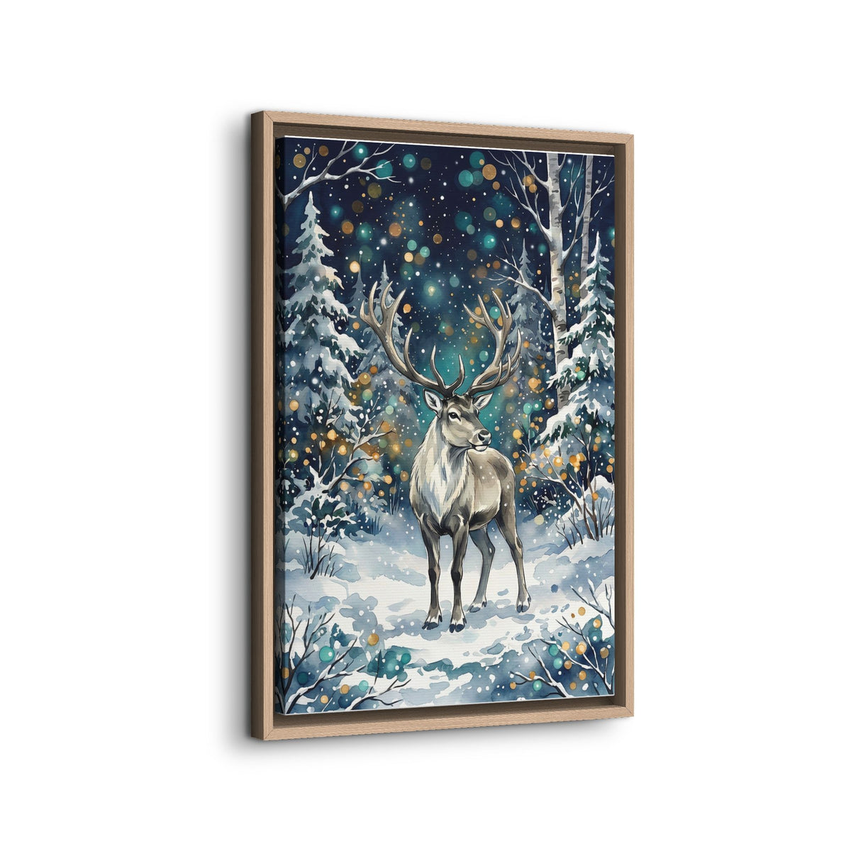 Framed Canvas Winter Reindeer in Snowy Forest