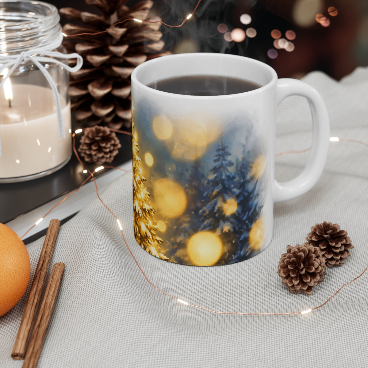 Christmas Tree Mug — Golden Bokeh Holiday Coffee Cup (11 oz)