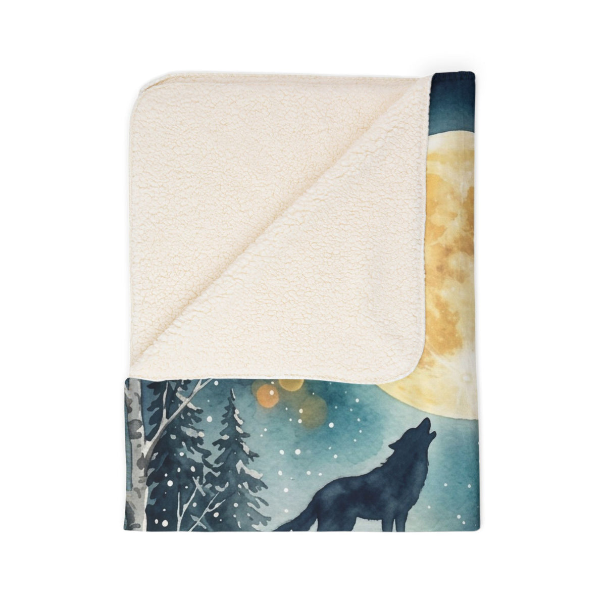 Fleece Sherpa Blanket – Howling Wolf Under Full Moon Winter Forest