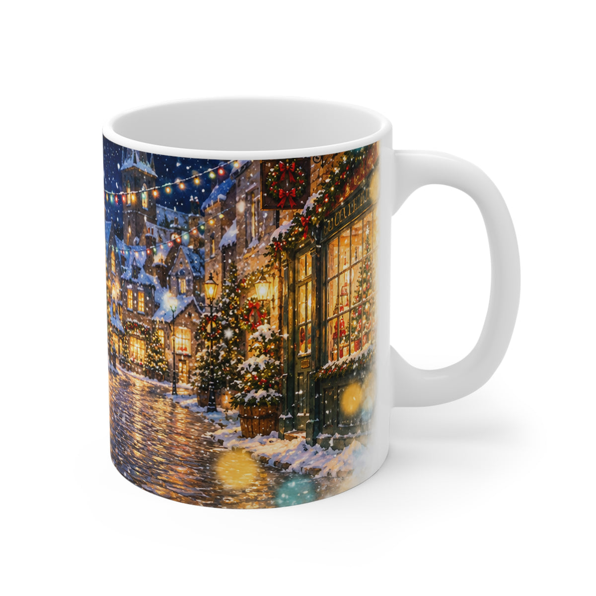 Christmas Village Ceramic Mug — Cozy Snowy Street Holiday Design (11oz)