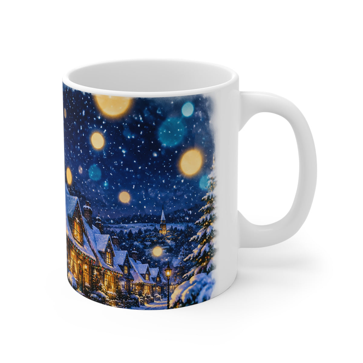 Christmas Cottage Mug – Snowy Night Holiday Coffee Cup with Cozy Lit Windows