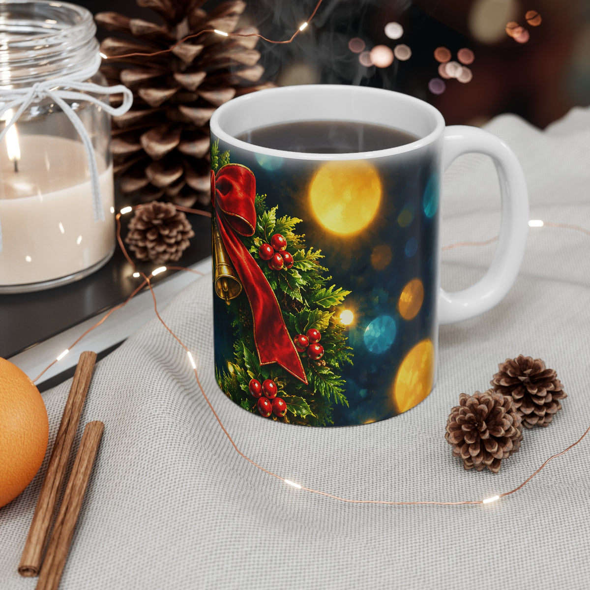 Christmas Wreath Mug 11oz – Festive Holly, Bells & Red Bow Holiday Coffee Cup