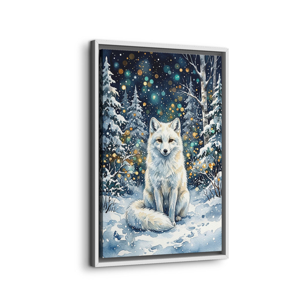 Framed Canvas: Winter White Fox in Snowy Forest