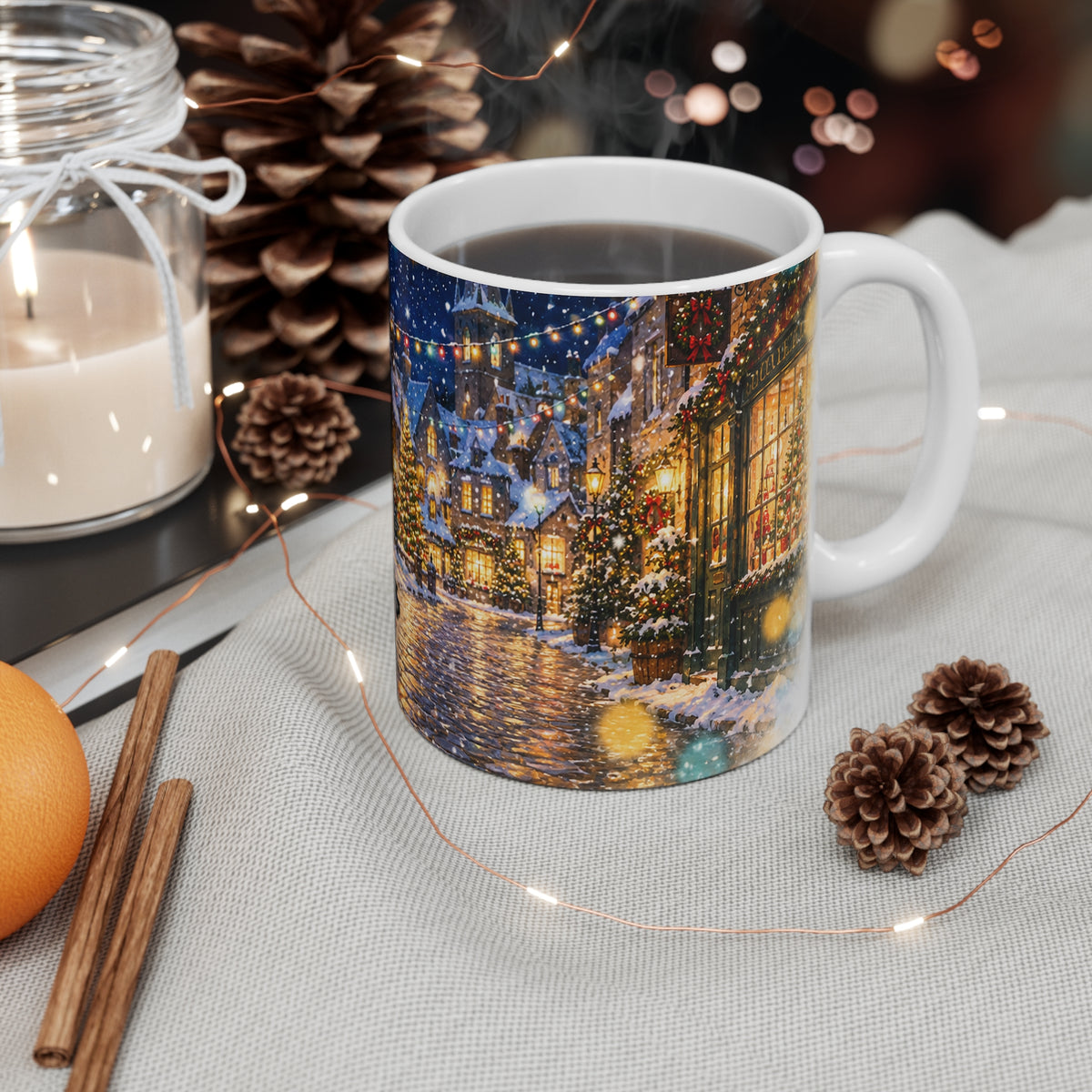 Christmas Village Ceramic Mug — Cozy Snowy Street Holiday Design (11oz)