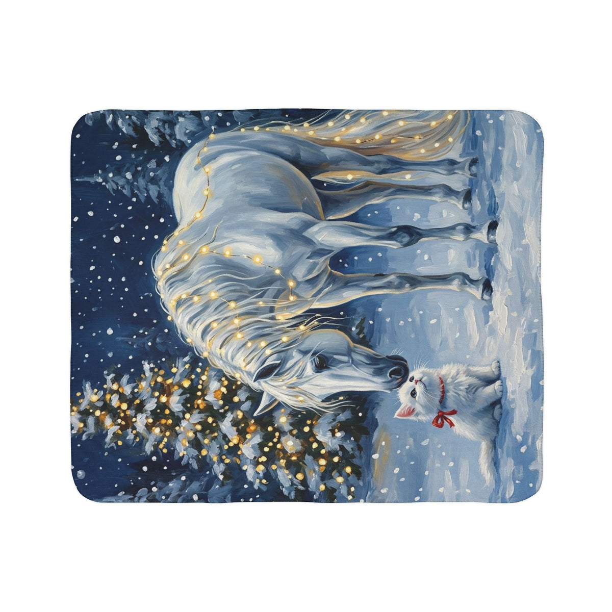Fleece Sherpa Blanket – Magical Winter Unicorn and Kitten Christmas Scene