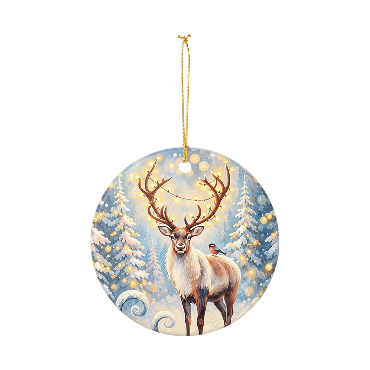Ceramic Christmas Ornament with Majestic Reindeer and Winter Forest Design