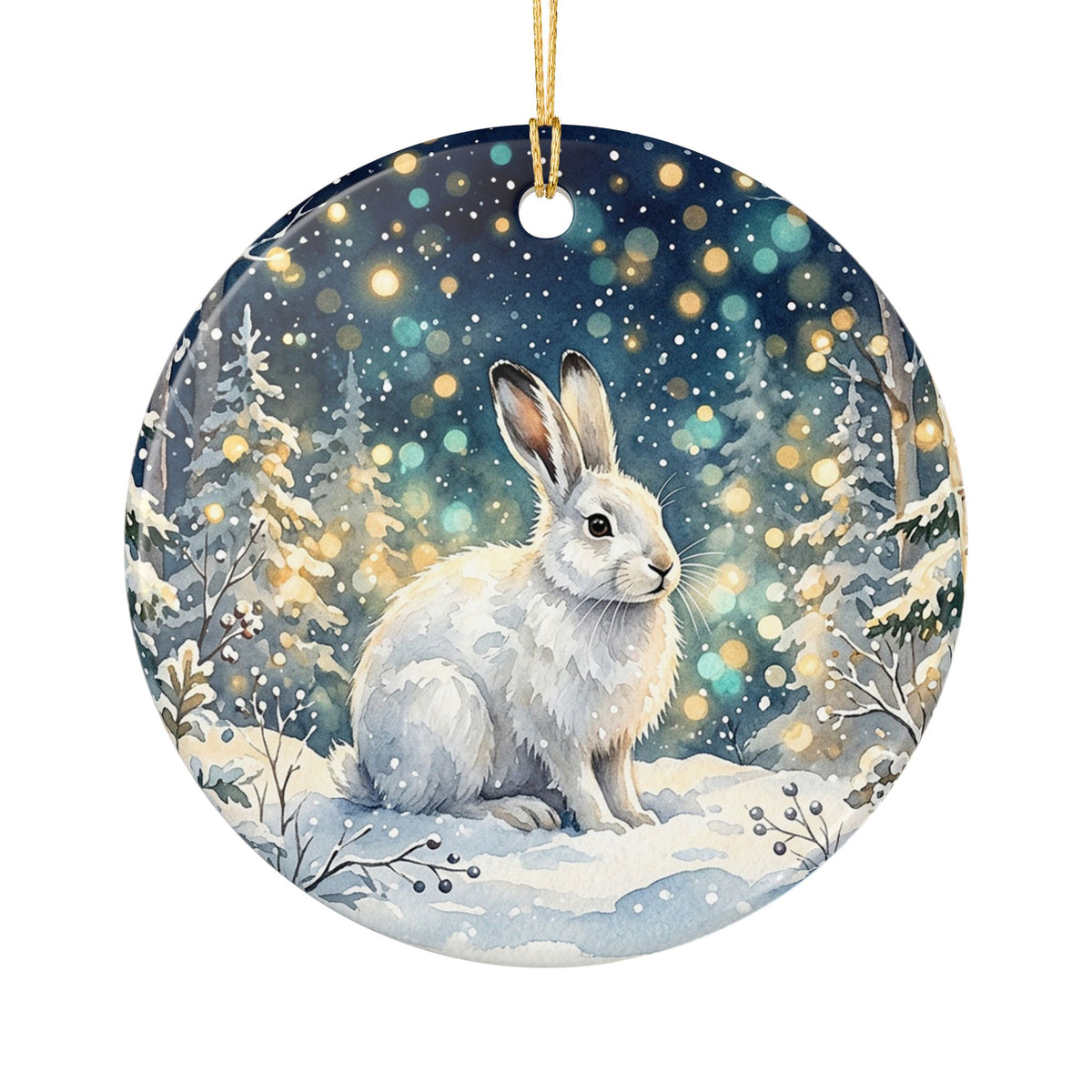 Ceramic Christmas Ornament, Whimsical Winter Bunny in Snowy Forest