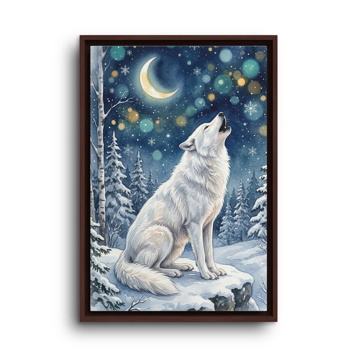 Framed Canvas Wall Art – Howling Wolf Under Moonlight