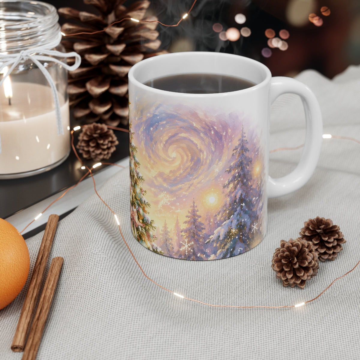 Christmas Tree Mug - Festive 11oz Holiday Coffee Cup with Star-Topped Pine and Soft Snowy Glow
