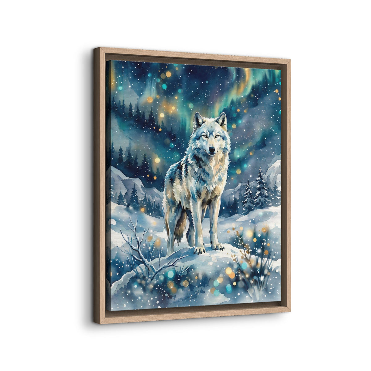 Framed Canvas Wolf Under the Northern Lights