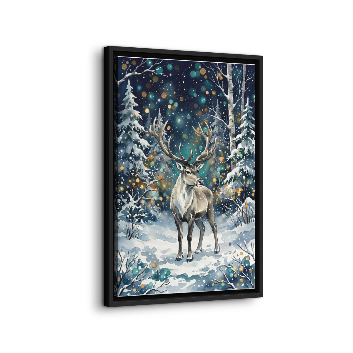 Framed Canvas Winter Reindeer in Snowy Forest
