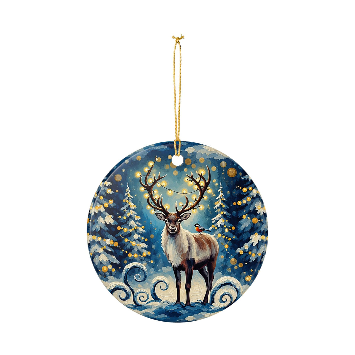 Ceramic Ornament – Winter Reindeer in Enchanted Forest