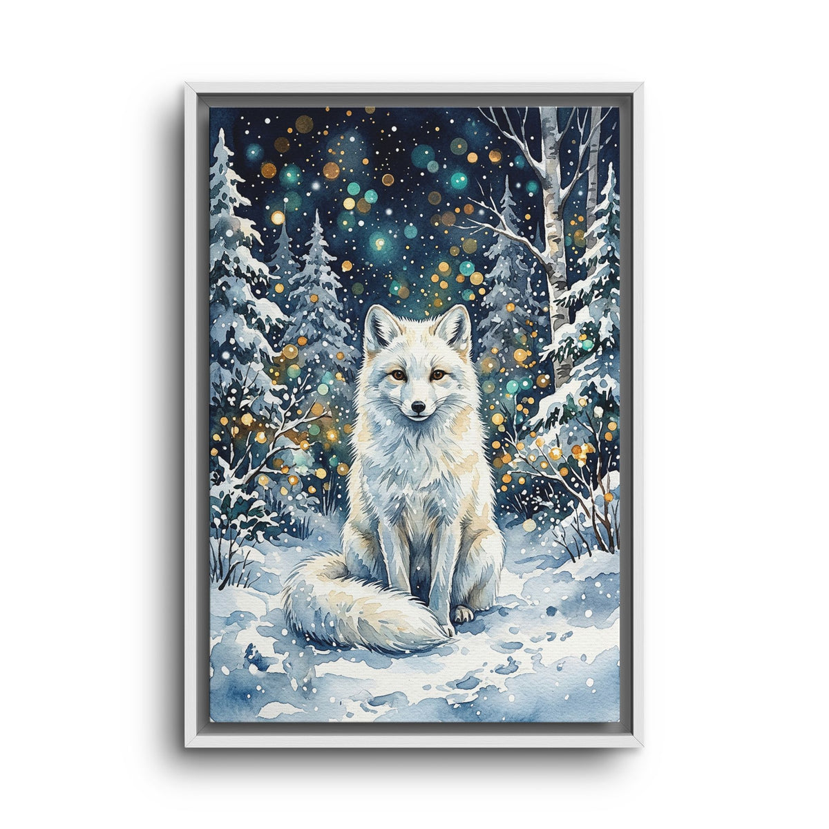 Framed Canvas: Winter White Fox in Snowy Forest