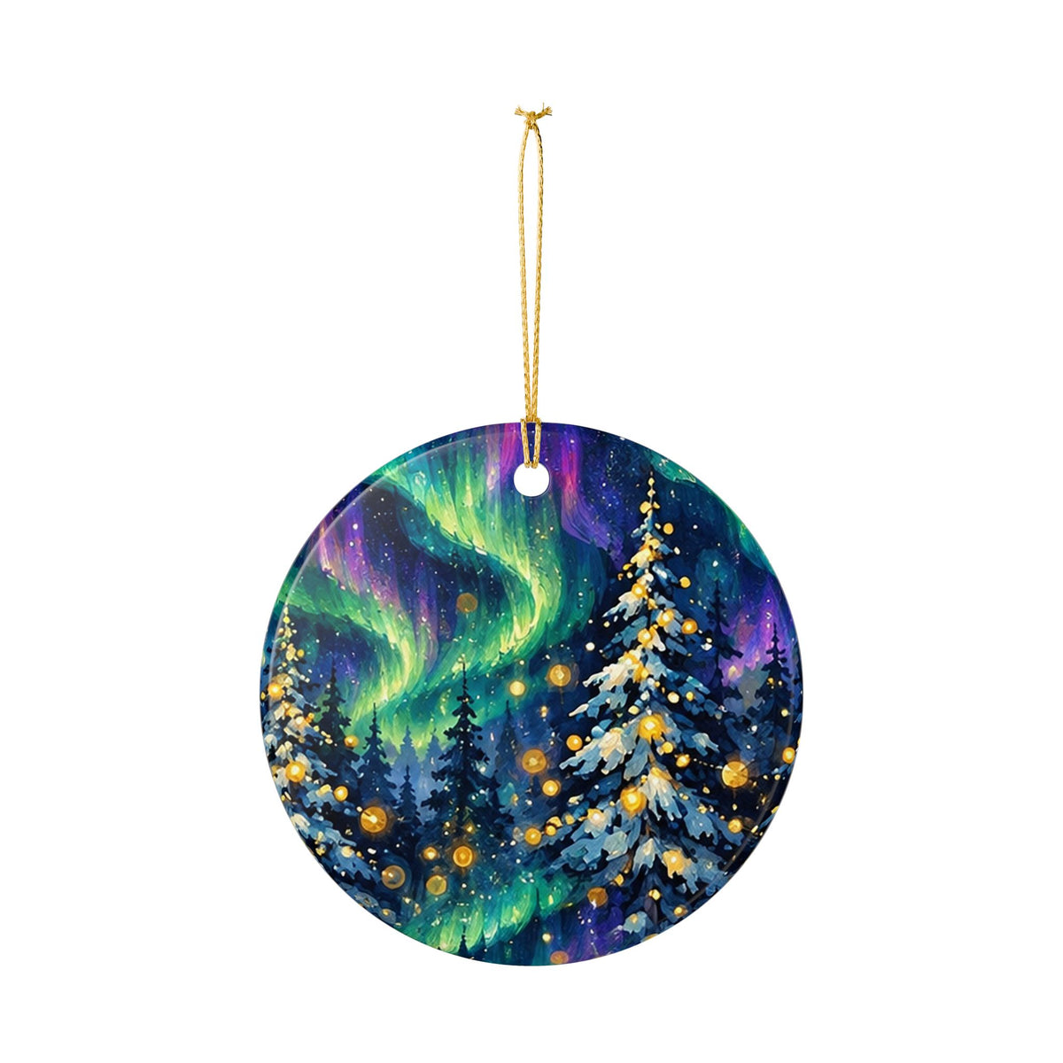 Ceramic Christmas Ornament with Northern Lights and Snowy Pine Trees