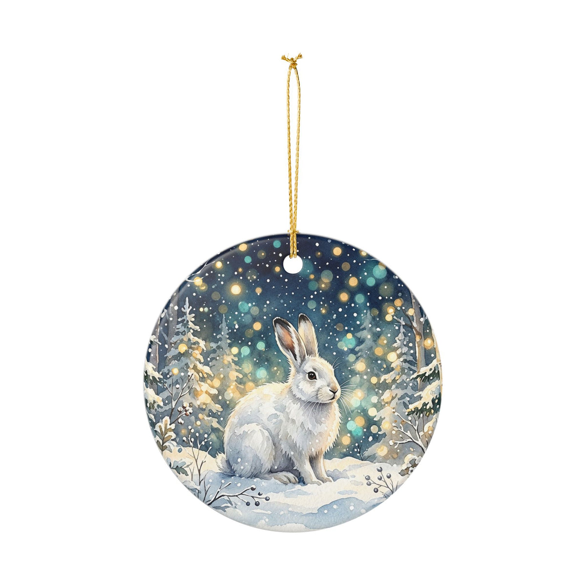 Ceramic Christmas Ornament, Whimsical Winter Bunny in Snowy Forest