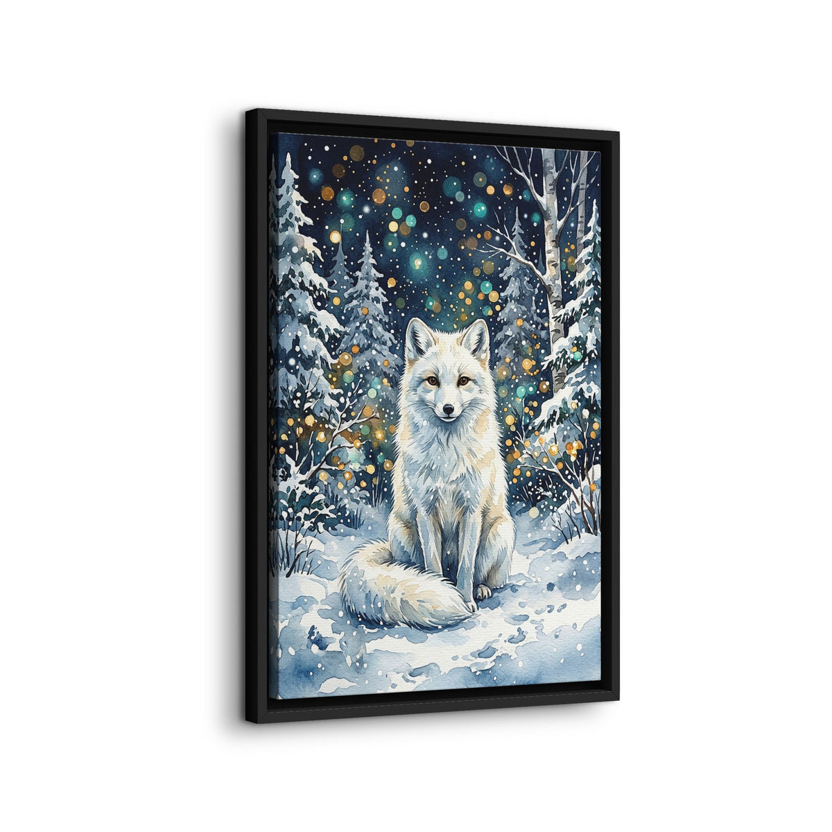 Framed Canvas: Winter White Fox in Snowy Forest