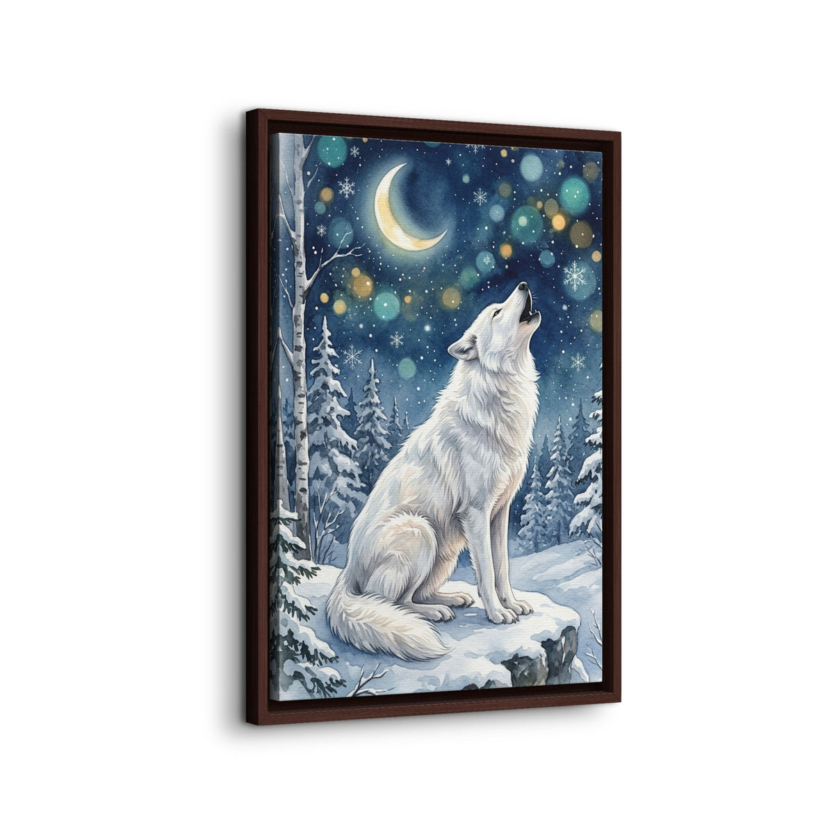 Framed Canvas Wall Art – Howling Wolf Under Moonlight
