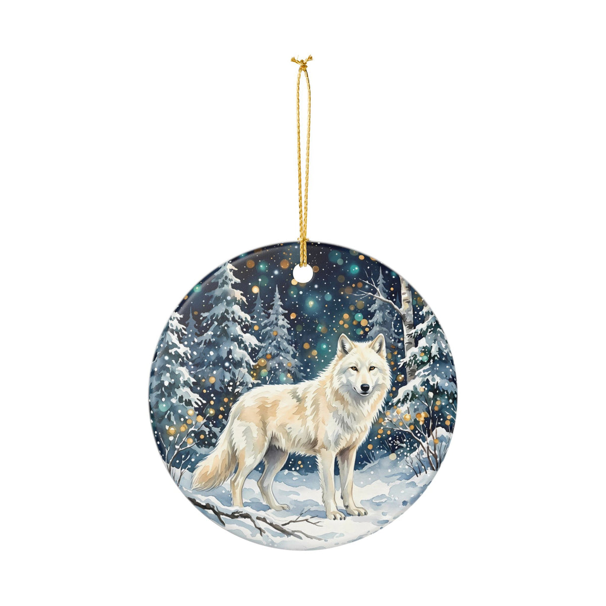Winter Wolf Ceramic Ornament – Snowy Forest Christmas Tree Decoration
